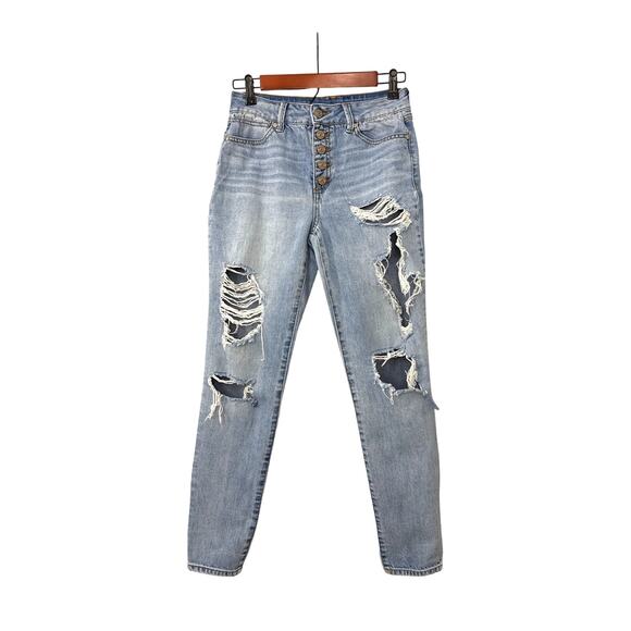 Rewash Blue Distressed Denim Button Fly Low Waist Boyfriend Jeans Size Women's 0 - Picture 1 of 4